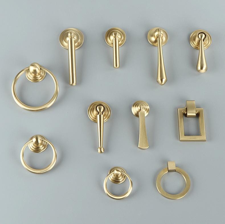 Gold Solid Brass Drop Pulls Ring Handles Classic Retro Vintage Cabinet Knobs Dresser Closet Kitchen Drawers Transitional Antique Furniture