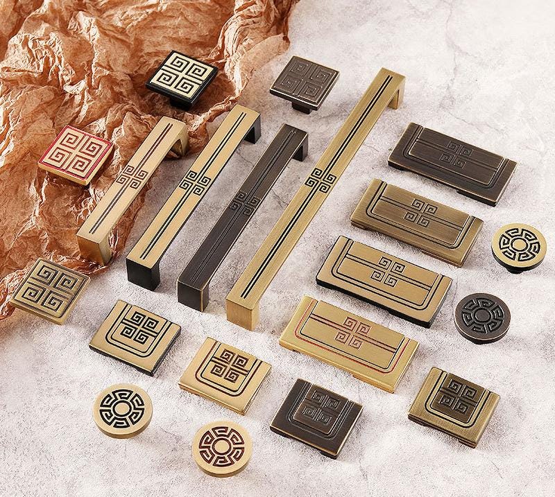 Oriental Cabinet Solid Brass Knobs Pulls Gold Black Bronze Handles Chinese Geometric Pattern Dresser Closet Furniture Decor
