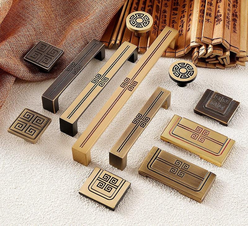 Oriental Cabinet Solid Brass Knobs Pulls Gold Black Bronze Handles Chinese Geometric Pattern Dresser Closet Furniture Decor
