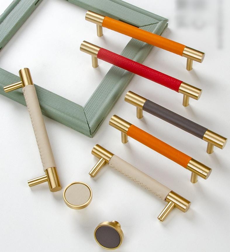Modern Leather Cabinet Solid Brass Handles Gold Accents Dresser Drawers Kitchen Cupboards Furniture Makeover Scandinavian Minimalist Style