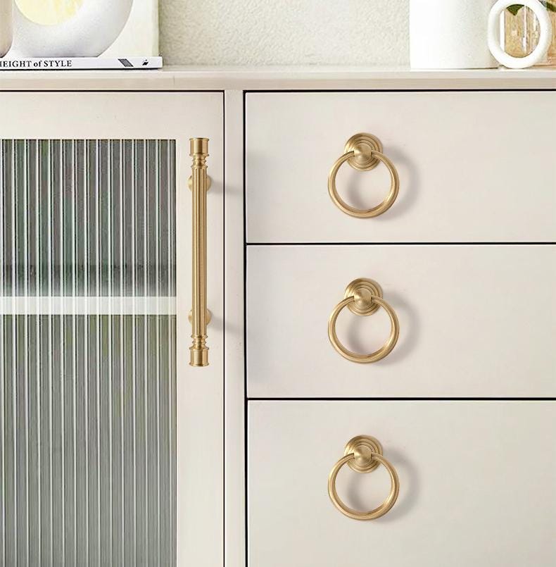 Neoclassical Cabinet Brushed Solid Brass Pulls Fluted Detailing Polished Finish Kitchen Dresser Wardrobe Bathroom Furniture Handles Knobs