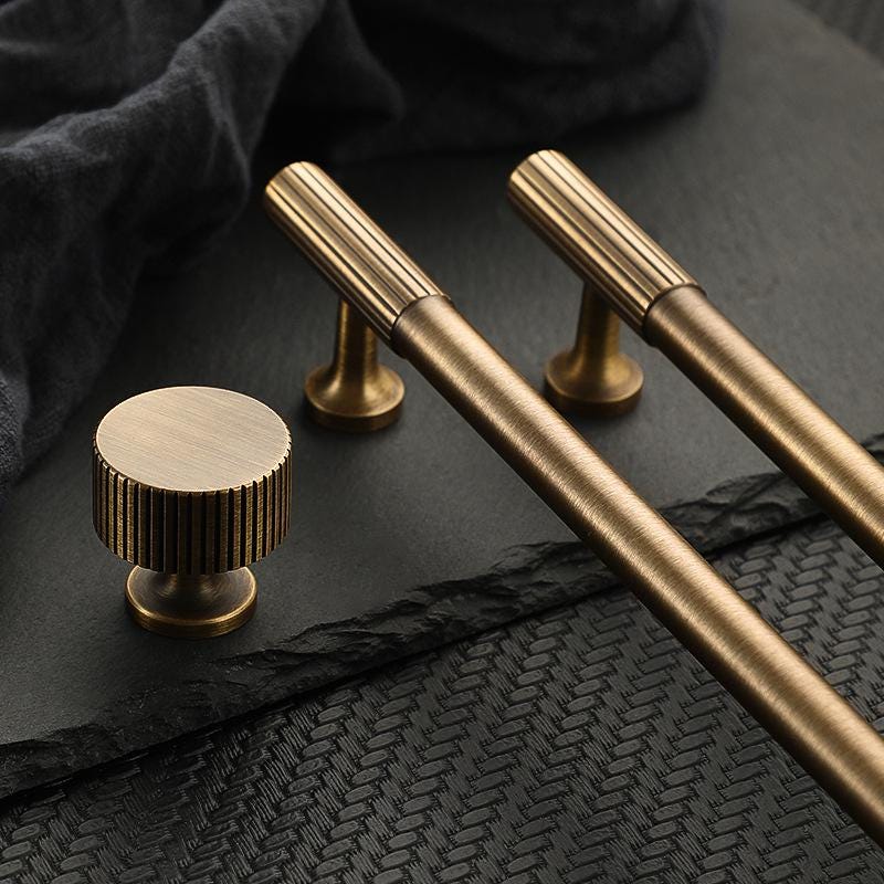 Vintage Industrial Cabinet Solid Brass Handles Ribbed Brass Texture Bronze Finish Kitchen Cupboards Dresser Drawers Modern Loft Interiors