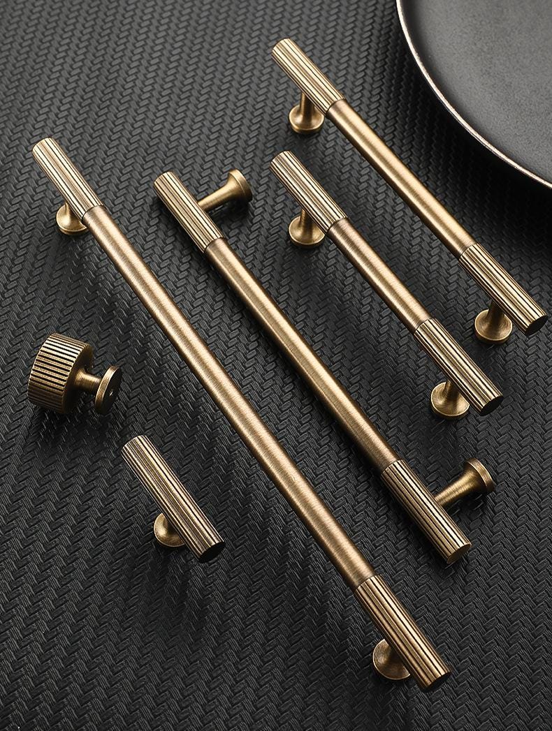 Vintage Industrial Cabinet Solid Brass Handles Ribbed Brass Texture Bronze Finish Kitchen Cupboards Dresser Drawers Modern Loft Interiors