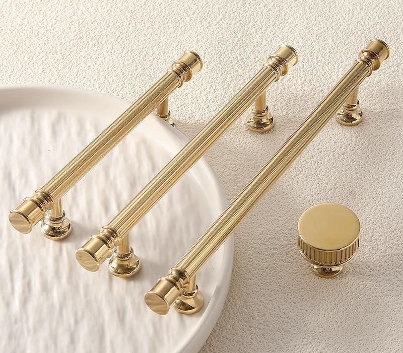 Luxury Neoclassical Bright Gold Cabinet Solid Brass Handles Fluted Detailing Gold Finish Dresser Drawers Wardrobes Kitchen Bathroom Cabinets