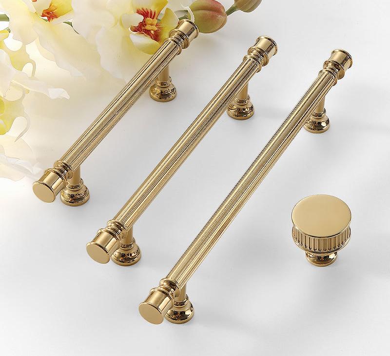 Luxury Neoclassical Bright Gold Cabinet Solid Brass Handles Fluted Detailing Gold Finish Dresser Drawers Wardrobes Kitchen Bathroom Cabinets