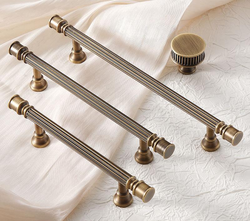 Antique Bronze Cabinet Solid Brass Handles Knobs Set Fluted Neoclassical Design Dresser Drawer Wardrobe Furniture Traditional Retro Style
