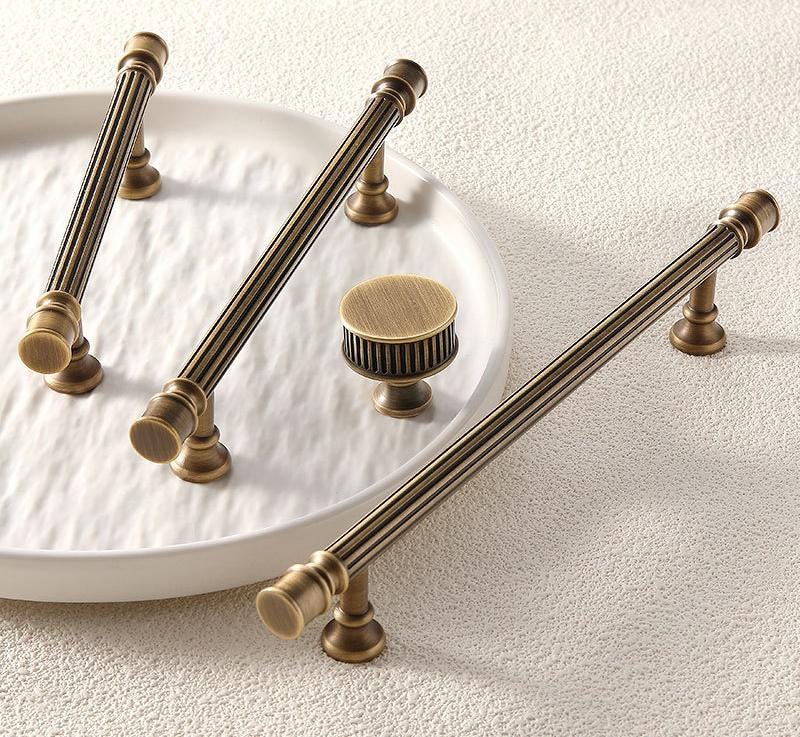 Antique Bronze Cabinet Solid Brass Handles Knobs Set Fluted Neoclassical Design Dresser Drawer Wardrobe Furniture Traditional Retro Style