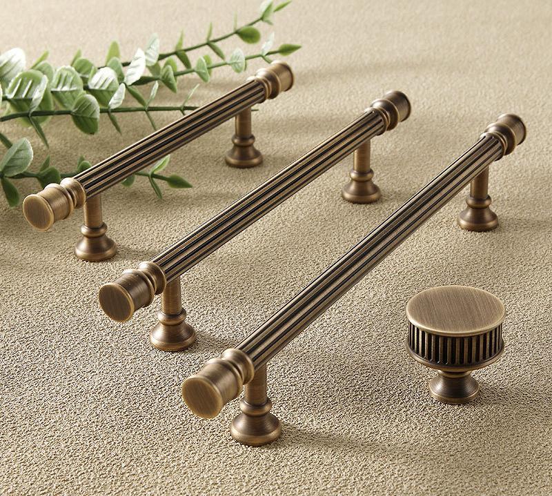 Antique Bronze Cabinet Solid Brass Handles Knobs Set Fluted Neoclassical Design Dresser Drawer Wardrobe Furniture Traditional Retro Style