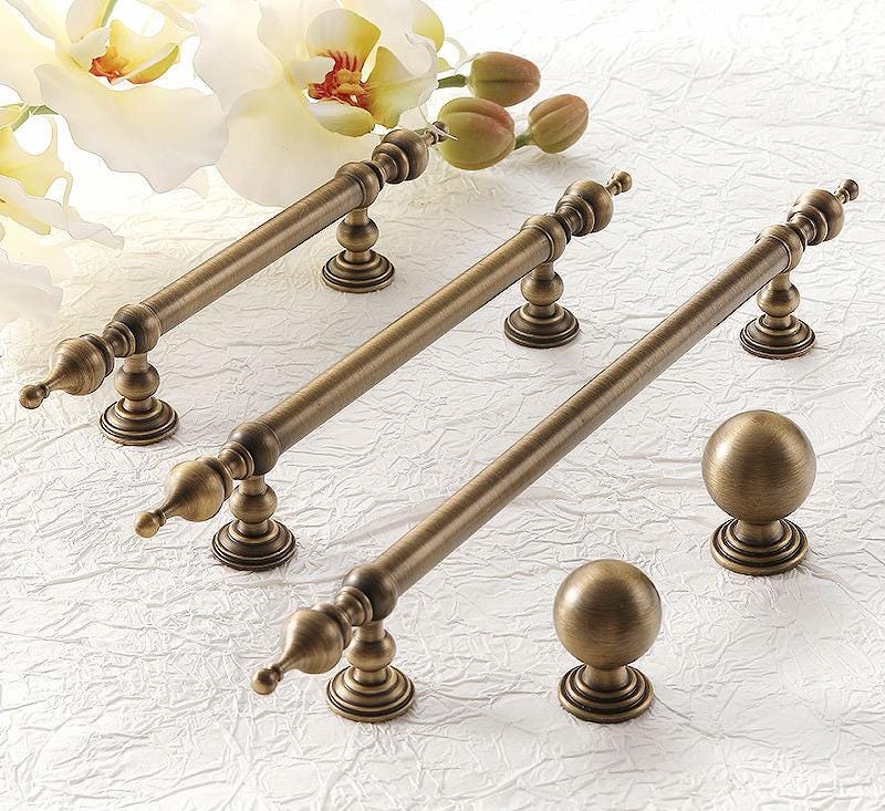 Antique Bronze Cabinet Solid Brass Handles Round Knobs Set Drawers Wardrobes Classic Vintage Style with Ornate Neoclassical Accents