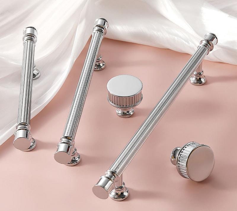 Chrome Cabinet Solid Brass Handles Knobs Set Modern Classic and Neoclassical Design with Grooved Luxury Details for Dressers and Wardrobes