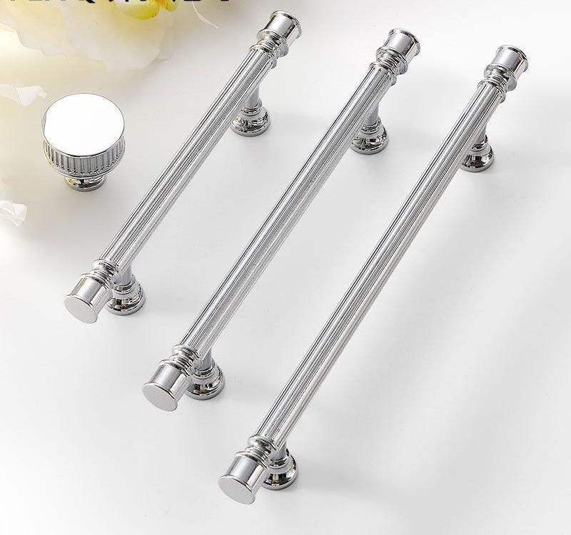 Chrome Cabinet Solid Brass Handles Knobs Set Modern Classic and Neoclassical Design with Grooved Luxury Details for Dressers and Wardrobes