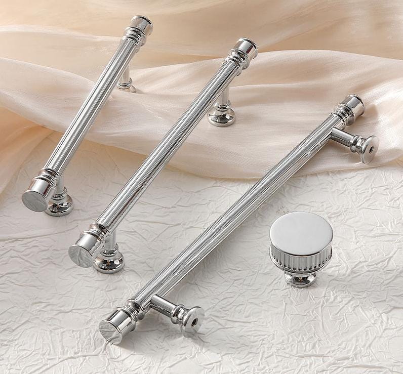 Chrome Cabinet Solid Brass Handles Knobs Set Modern Classic and Neoclassical Design with Grooved Luxury Details for Dressers and Wardrobes