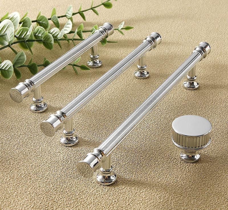 Chrome Cabinet Solid Brass Handles Knobs Set Modern Classic and Neoclassical Design with Grooved Luxury Details for Dressers and Wardrobes