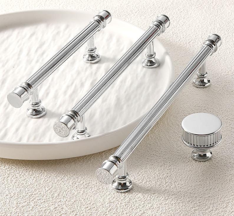 Chrome Cabinet Solid Brass Handles Knobs Set Modern Classic and Neoclassical Design with Grooved Luxury Details for Dressers and Wardrobes