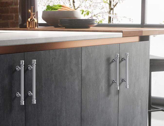 Chrome Cabinet Solid Brass Handles Knobs Set Modern Classic and Neoclassical Design with Grooved Luxury Details for Dressers and Wardrobes