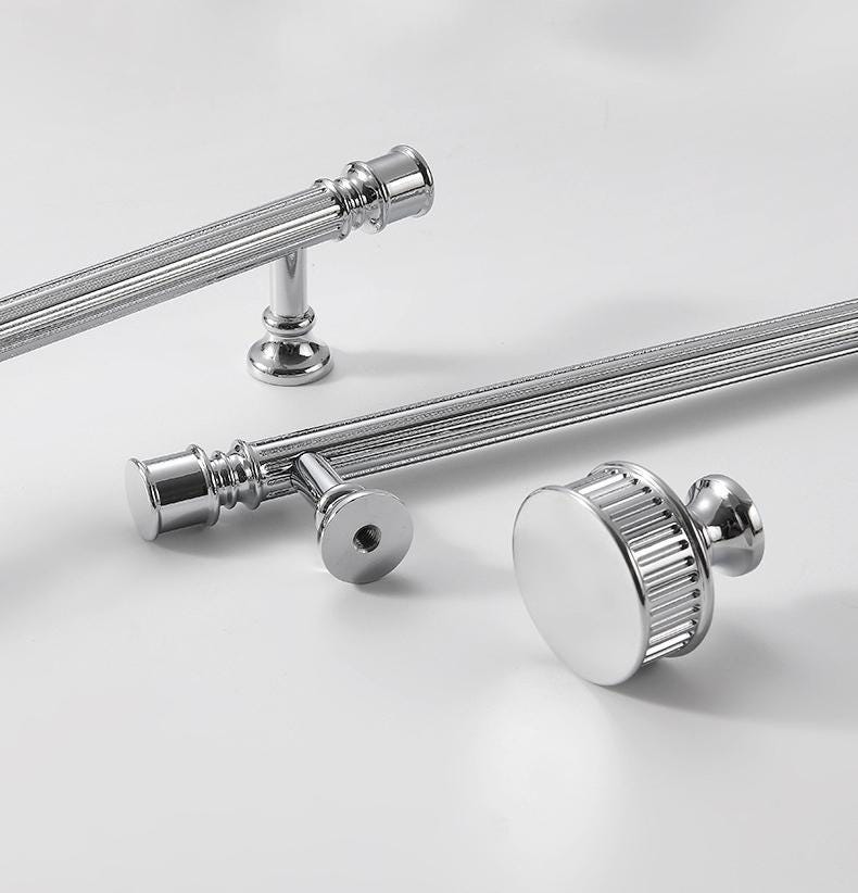 Chrome Cabinet Solid Brass Handles Knobs Set Modern Classic and Neoclassical Design with Grooved Luxury Details for Dressers and Wardrobes