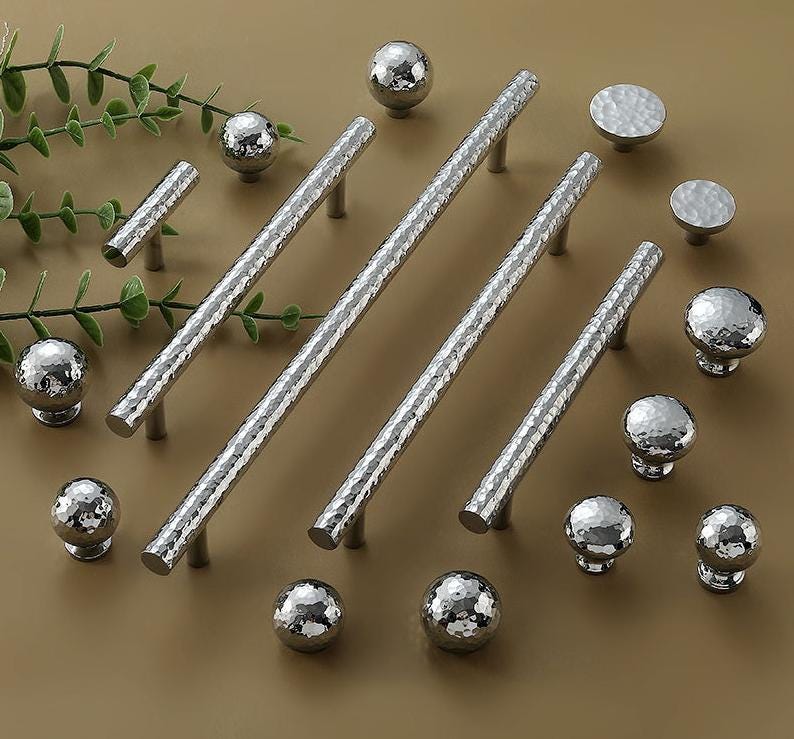 Hammered Chrome Cabinet Solid Brass Handles Knobs Set Modern Kitchen Drawer Furniture Polished Silver Loft Style With Ball And Bar Design