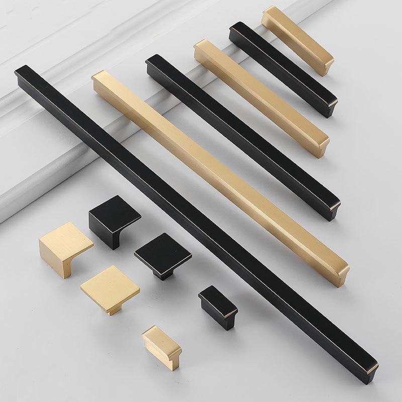 Modern Minimalist Matte Black Gold Solid Brass Cabinet Handles Drawer Pulls Set for Kitchen Closet Dresser in Industrial Square Style