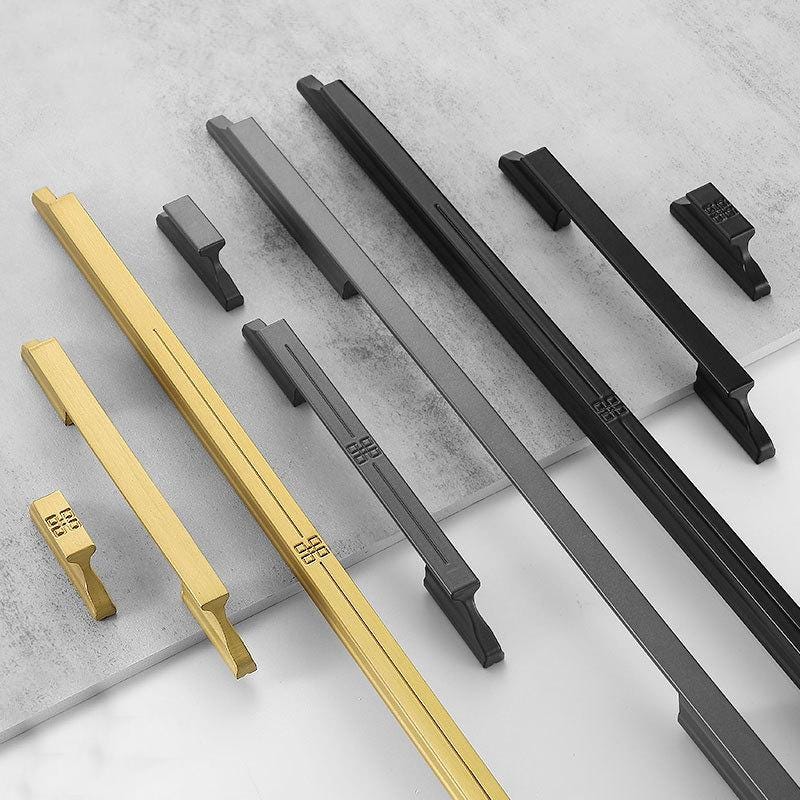 Oriental Inspired Modern Solid Brass Cabinet Pulls Matte Black Gunmetal Brushed Gold Symbolic Detailing Kitchen Drawer Wardrobe Furniture