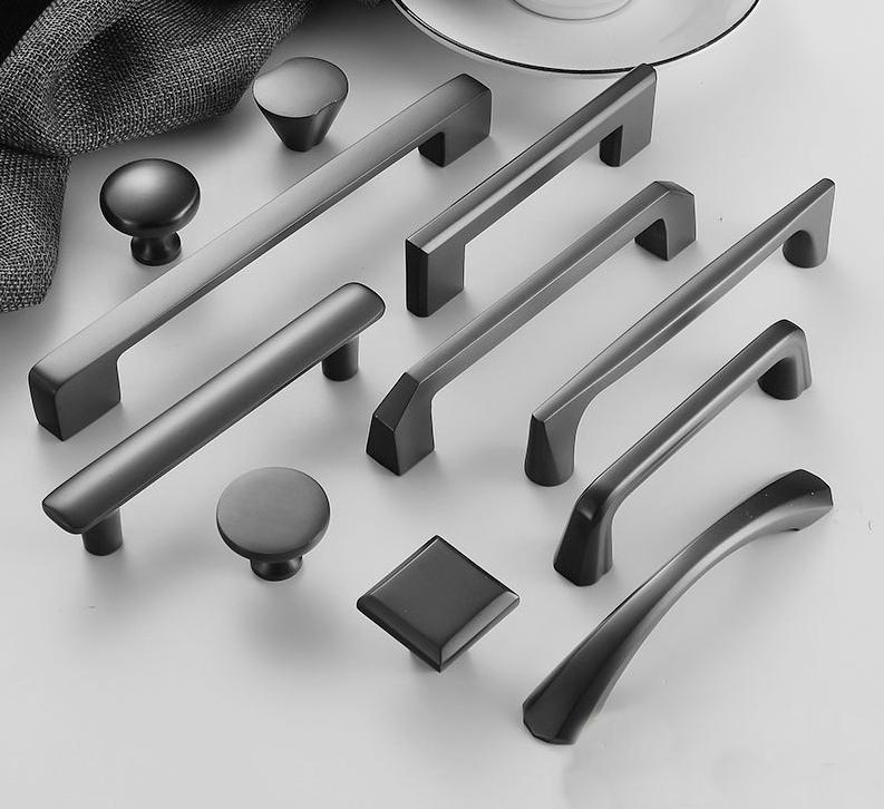 Modern Minimalist Matte Black Solid Brass Cabinet Handles Drawer Pulls Kitchen Bathroom Furniture Sleek Design Clean Lines Smooth Finish