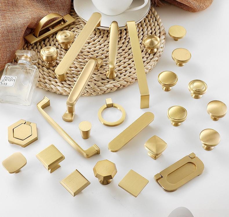 Brushed Gold Solid Brass Cabinet Pulls Knobs Modern Minimalist Handles Kitchen Drawers Doors Dressers Furniture Scandinavian Hardware