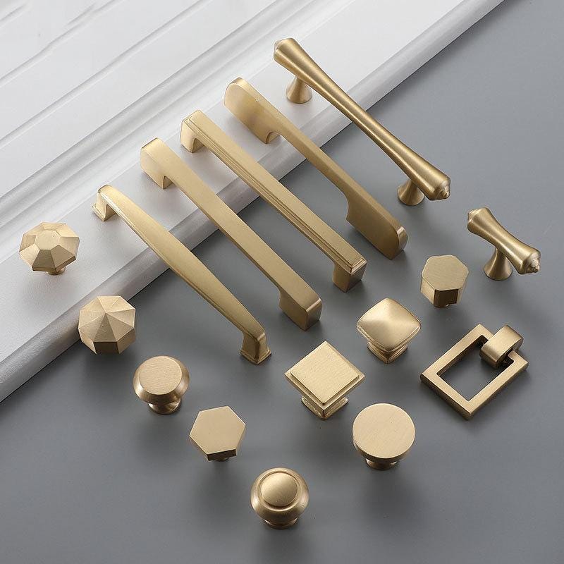 Modern Gold Solid Brass Cabinet Pulls and Knobs Geometric Minimalist Drawer Handles Kitchen Dresser Wardrobe Furniture Brushed Brass Finish