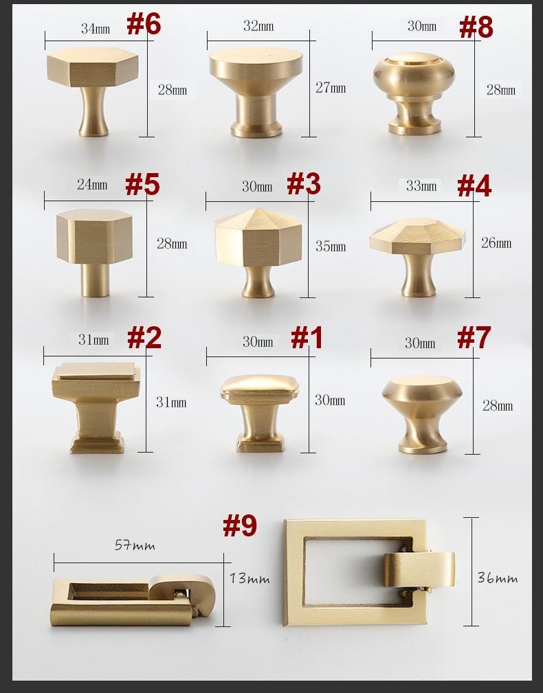 Modern Gold Solid Brass Cabinet Pulls and Knobs Geometric Minimalist Drawer Handles Kitchen Dresser Wardrobe Furniture Brushed Brass Finish