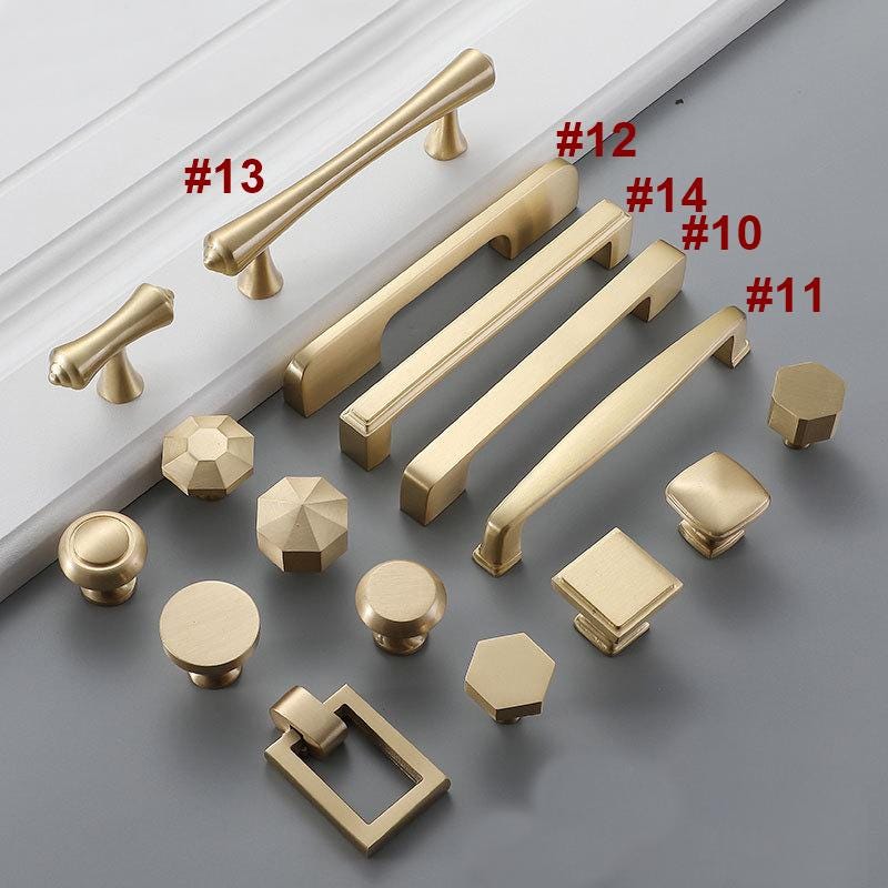 Modern Gold Solid Brass Cabinet Pulls and Knobs Geometric Minimalist Drawer Handles Kitchen Dresser Wardrobe Furniture Brushed Brass Finish