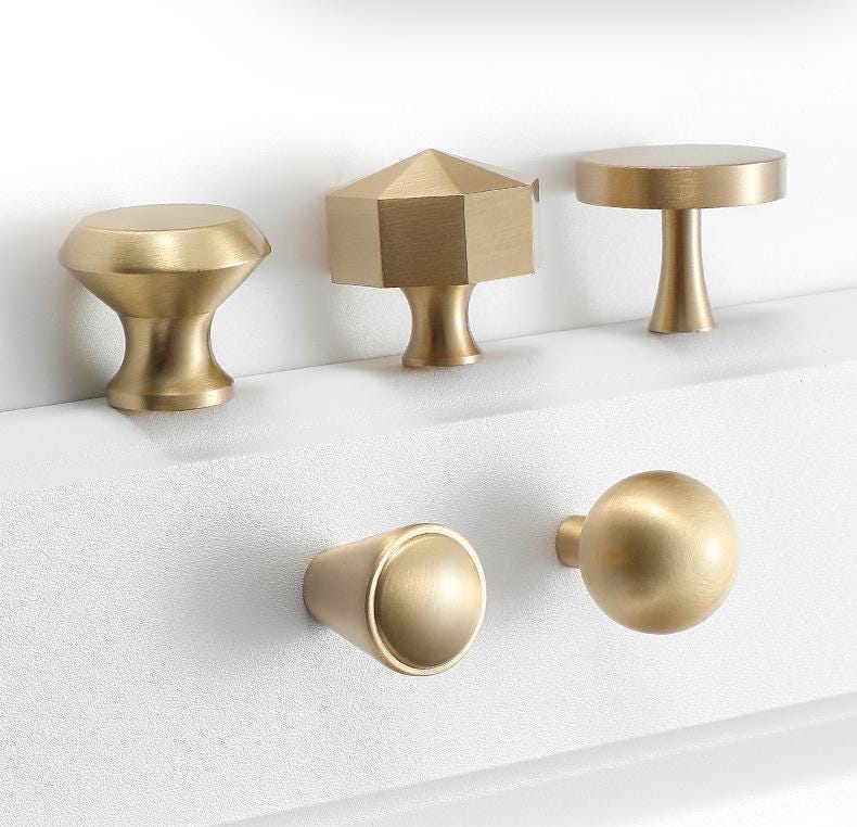 Modern Gold Solid Brass Cabinet Handles Brushed Brass Drawer Pulls Knobs Kitchen Wardrobe Dresser Minimalist Tapered Furniture Hardware Set