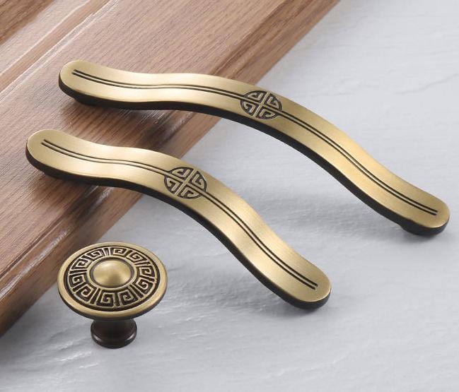 Oriental Solid Brass Cabinet Handles Antique Brass Chinese Style Pulls Longevity Motif Drawers Door Wardrobes Asian Furniture Hardware Decor