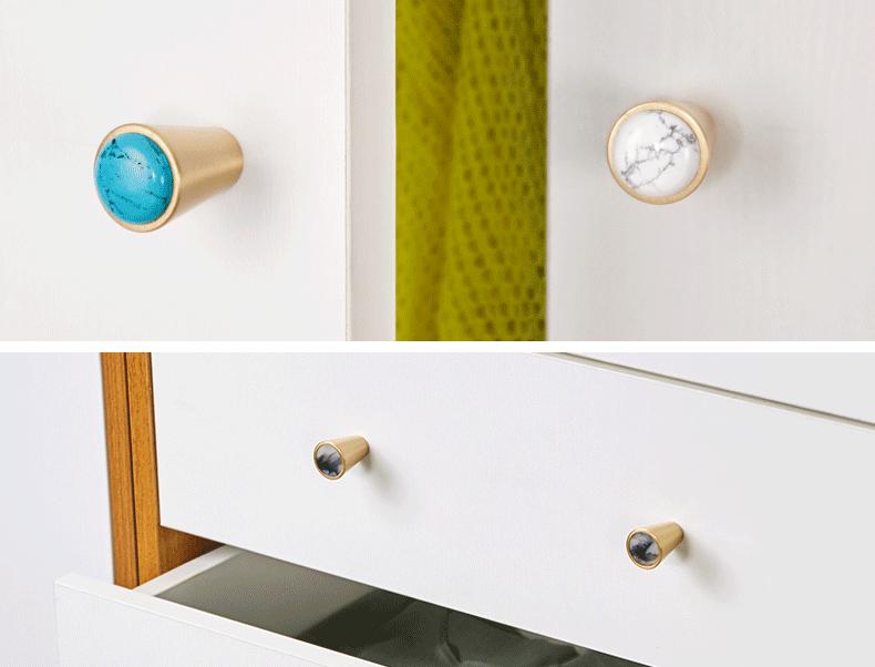 Colorful Stone Solid Brass Cabinet Knobs Modern Cone Pulls Marble Agate Inlay Eclectic Drawer Handles Kitchen Closet Vanity Furniture