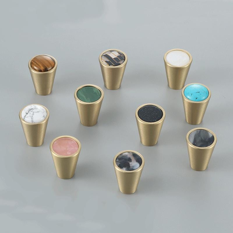 Colorful Stone Solid Brass Cabinet Knobs Modern Cone Pulls Marble Agate Inlay Eclectic Drawer Handles Kitchen Closet Vanity Furniture