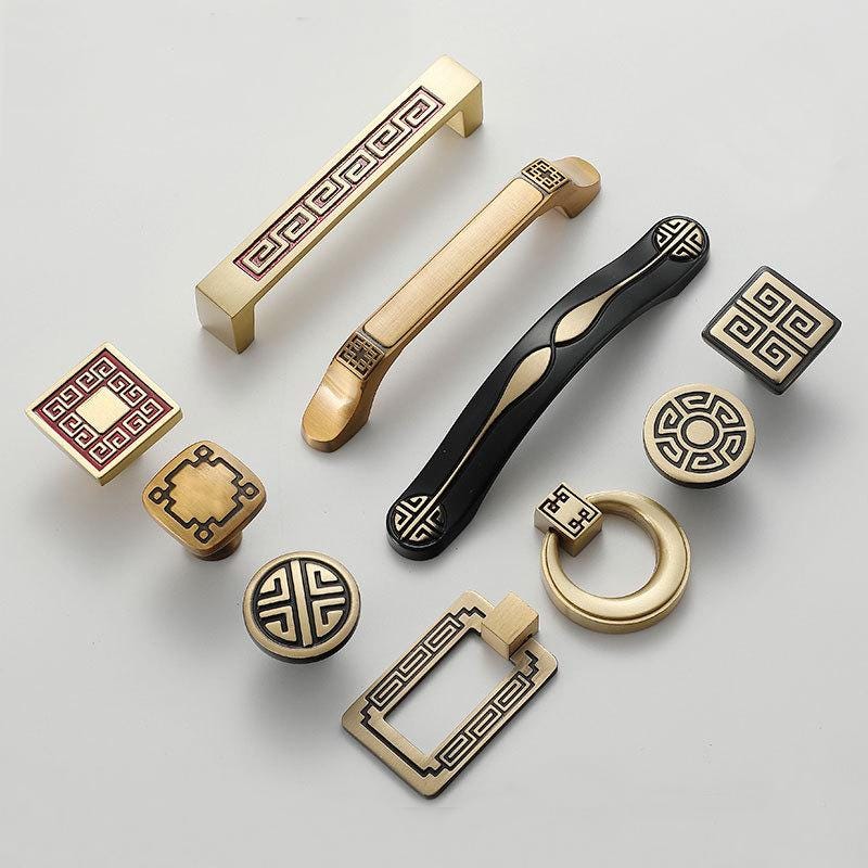 Chinese Solid Brass Cabinet Pulls with Traditional Patterns Oriental Style Drawer Handles Knobs Vintage Furniture Dresser Wardrobe Doors