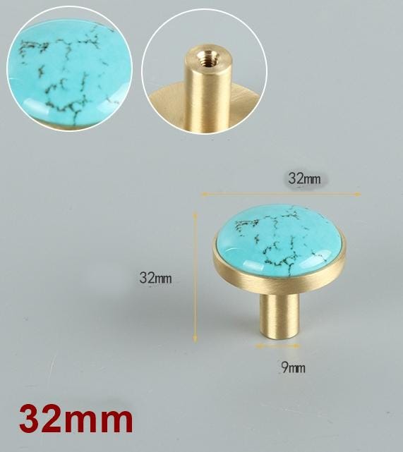 Decorative Cabinet Knobs Solid Brass Base Stone Inlays Boho Classic Natural Style Handles Featuring White Marble Turquoise Tiger Eye Stones