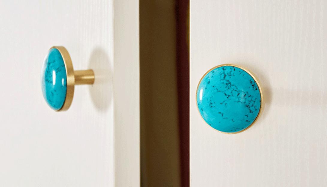 Decorative Cabinet Knobs Solid Brass Base Stone Inlays Boho Classic Natural Style Handles Featuring White Marble Turquoise Tiger Eye Stones
