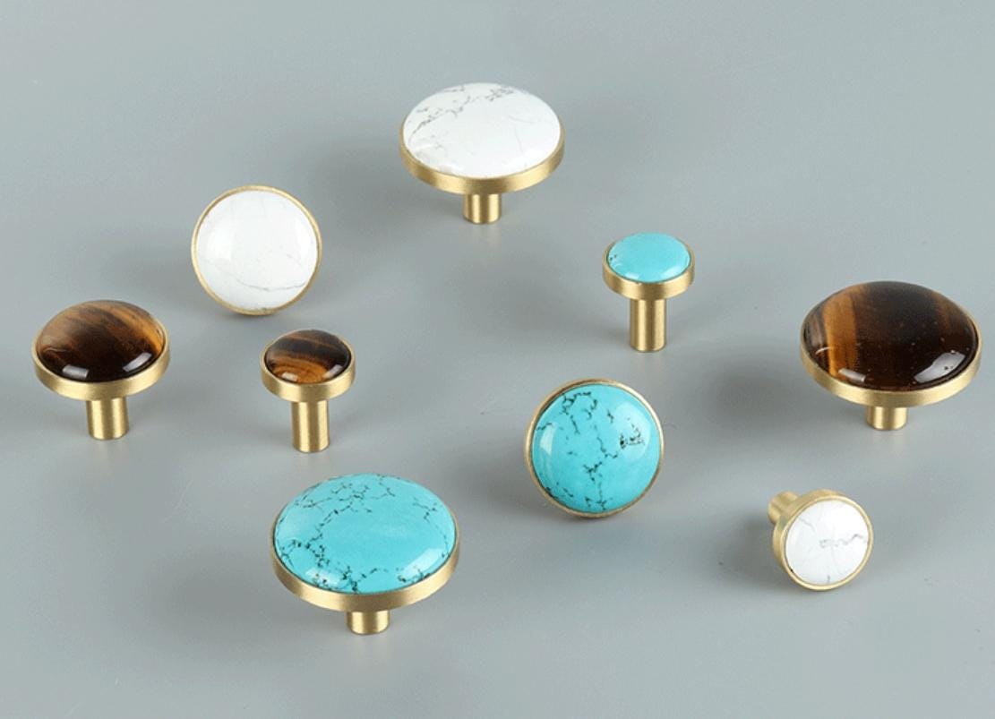 Decorative Cabinet Knobs Solid Brass Base Stone Inlays Boho Classic Natural Style Handles Featuring White Marble Turquoise Tiger Eye Stones