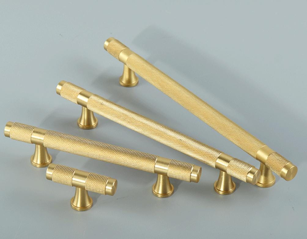 Knurled Solid Brass Drawer Pulls Industrial Modern Textured Cabinet Handles Brushed Finish Kitchen Bathroom Furniture Renovation Projects
