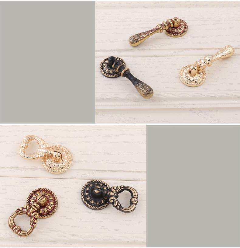 Vintage Baroque Style Solid Brass Cabinet Knobs Drop Ring Pulls Ornate Gold Black Handles Floral Rosette Design Antique Classic Furniture