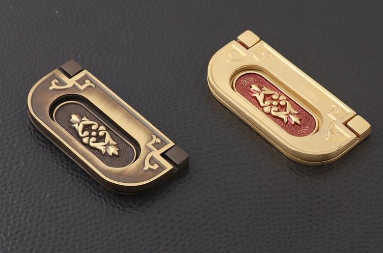 Oriental Style Solid Brass Flush Ring Pull Handles Antique Chinese-Inspired Cabinet Hardware Floral Engraving Gold Traditional Drawers