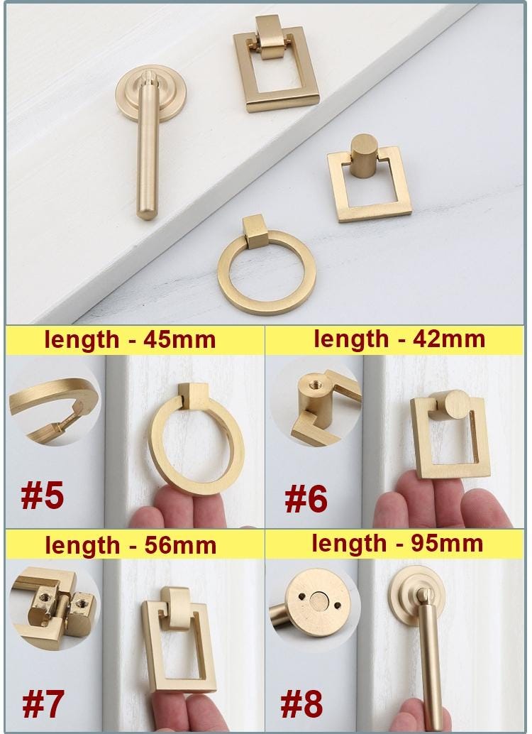 Brushed Solid Brass Cabinet Handles Knobs Modern Minimalist Drawer Pulls Flat Bars Cone Knobs Ring Drop Designs Kitchen Dresser Furniture