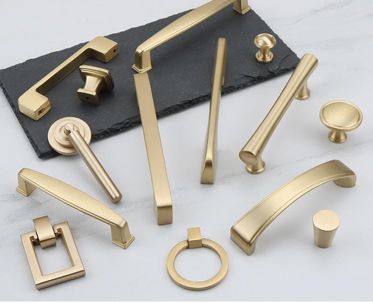 Brushed Solid Brass Cabinet Handles Knobs Modern Minimalist Drawer Pulls Flat Bars Cone Knobs Ring Drop Designs Kitchen Dresser Furniture
