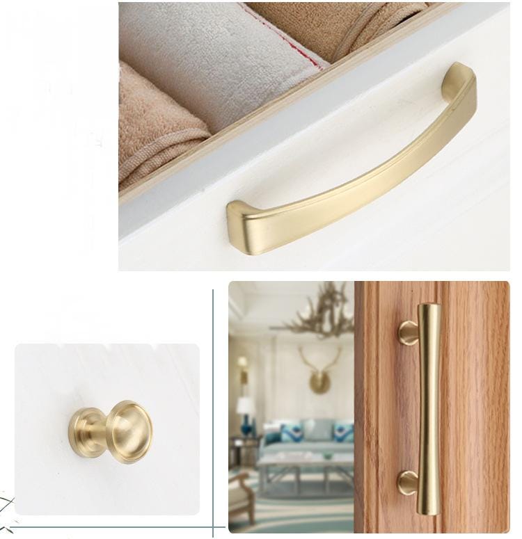 Brushed Solid Brass Cabinet Handles Knobs Modern Minimalist Drawer Pulls Flat Bars Cone Knobs Ring Drop Designs Kitchen Dresser Furniture
