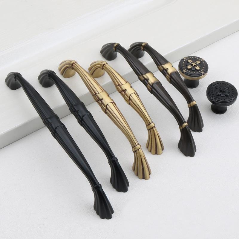 Baroque Style Solid Brass Cabinet Handles Knobs Ornate Vintage Pulls Gold Black Finish Floral Details Curved Designs Furniture Dressers
