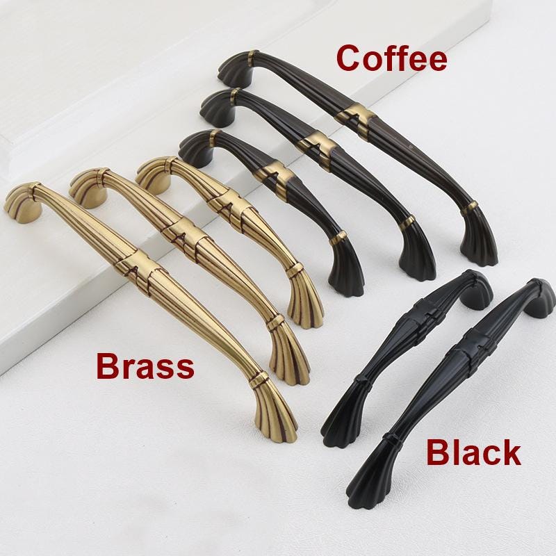 Baroque Style Solid Brass Cabinet Handles Knobs Ornate Vintage Pulls Gold Black Finish Floral Details Curved Designs Furniture Dressers