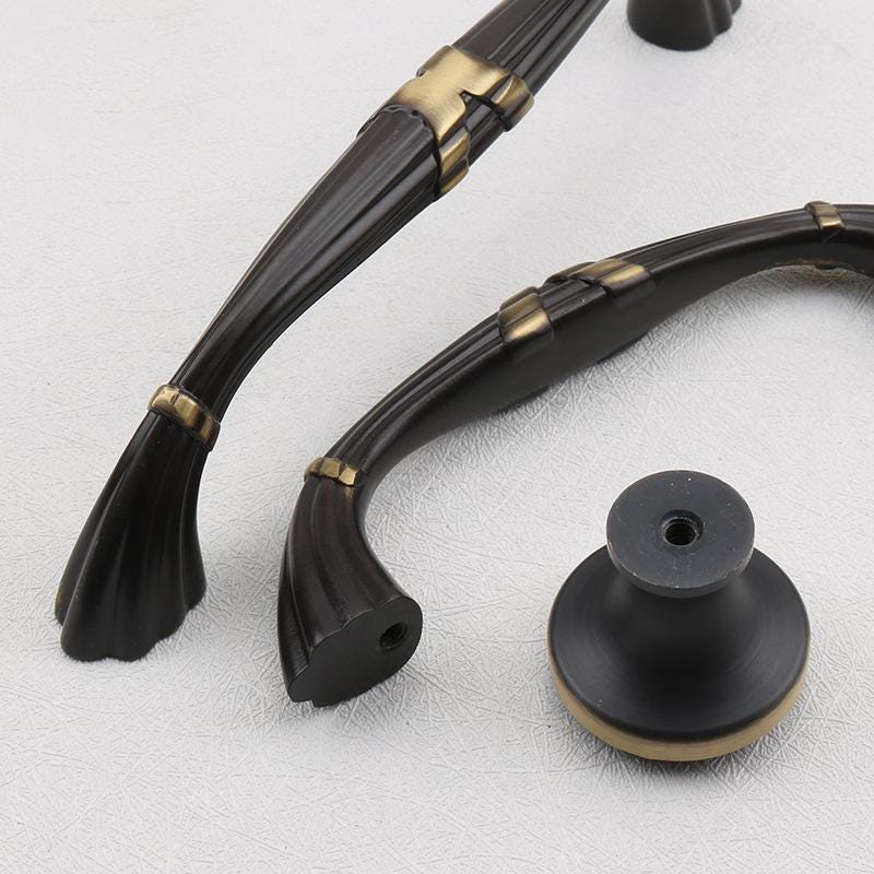 Baroque Style Solid Brass Cabinet Handles Knobs Ornate Vintage Pulls Gold Black Finish Floral Details Curved Designs Furniture Dressers