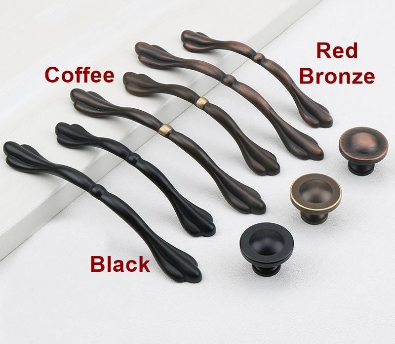 Vintage Style Solid Brass Cabinet Handles Knobs Classic Bronze Black Drawer Pulls Curved Designs Copper Patina Kitchen Furniture