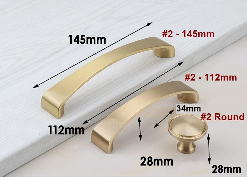 Brushed Gold Solid Brass Cabinet Handles Knobs Modern Transitional Drawer Pulls Flat Bars Dome Knobs Satin Finish Kitchen Bathroom Furniture