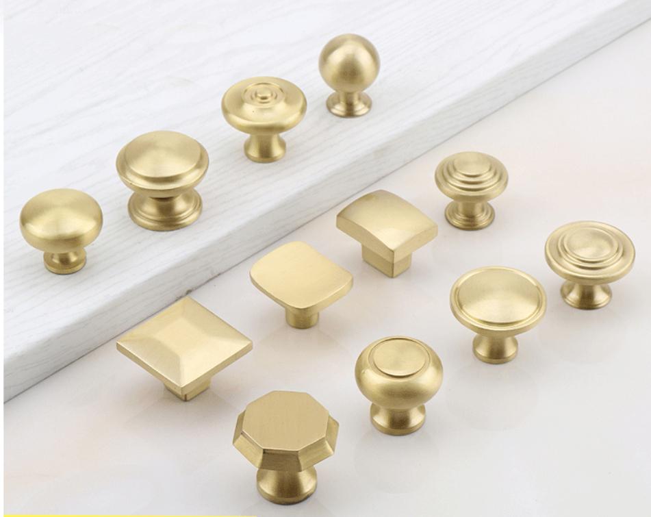 Brushed Gold Solid Brass Cabinet Handles Knobs Modern Transitional Drawer Pulls Flat Bars Dome Knobs Satin Finish Kitchen Bathroom Furniture