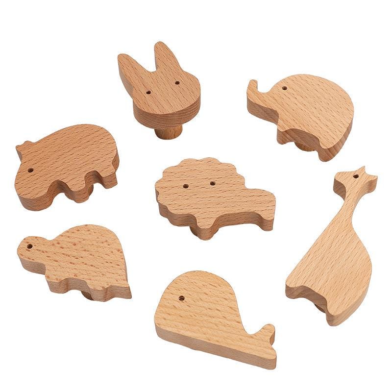 Wooden Animal Nature Cabinet Knobs Kids Montessori Style Drawer Pulls Beech Wood Elephant Whale Bunny Star Cloud Shapes Nursery Furniture