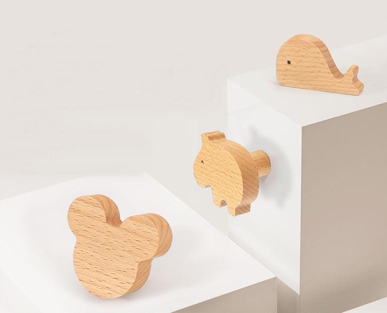 Wooden Animal Nature Cabinet Knobs Kids Montessori Style Drawer Pulls Beech Wood Elephant Whale Bunny Star Cloud Shapes Nursery Furniture